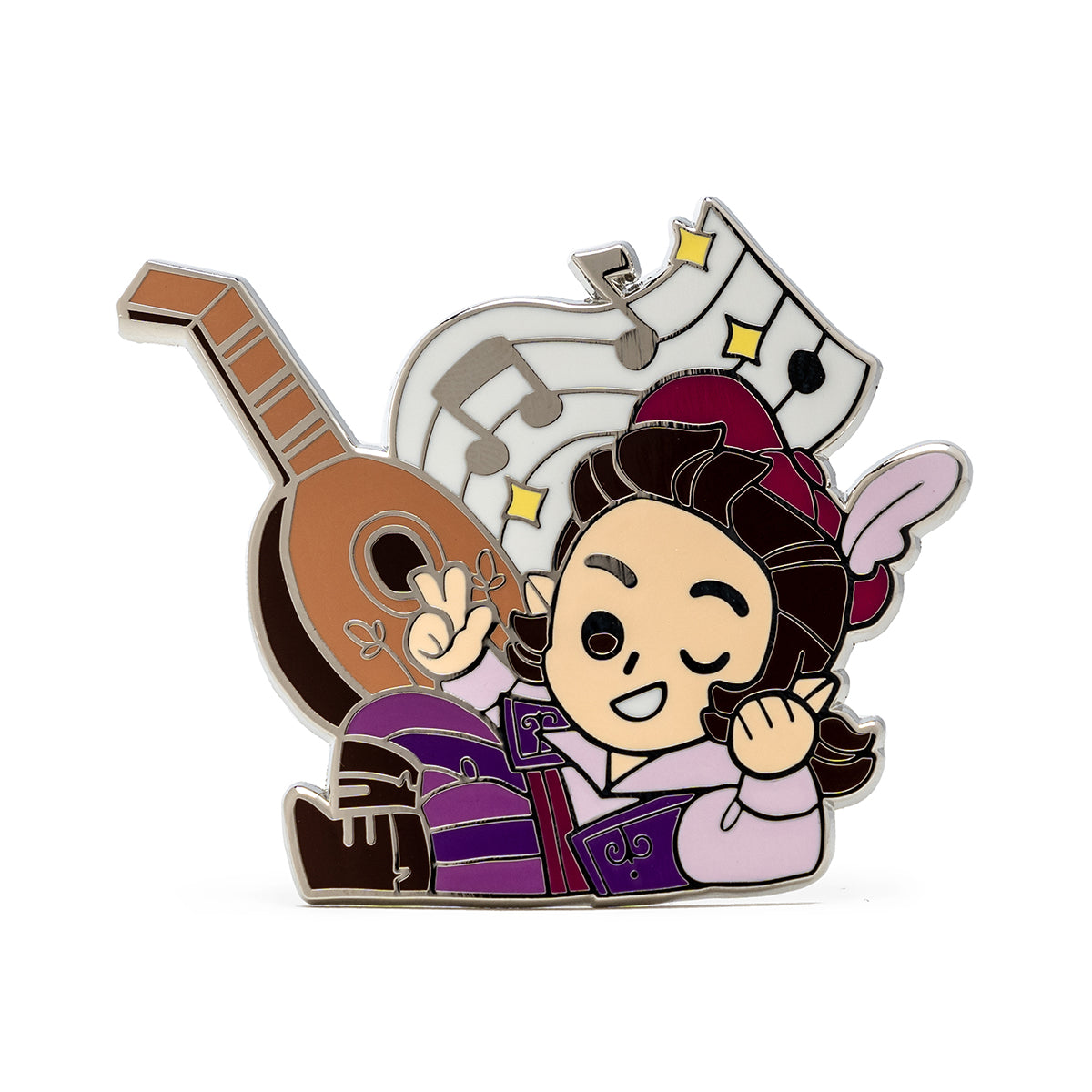 Enamel pin: Winking chibi bard making peace and rock-on signs, with a lute and music notes