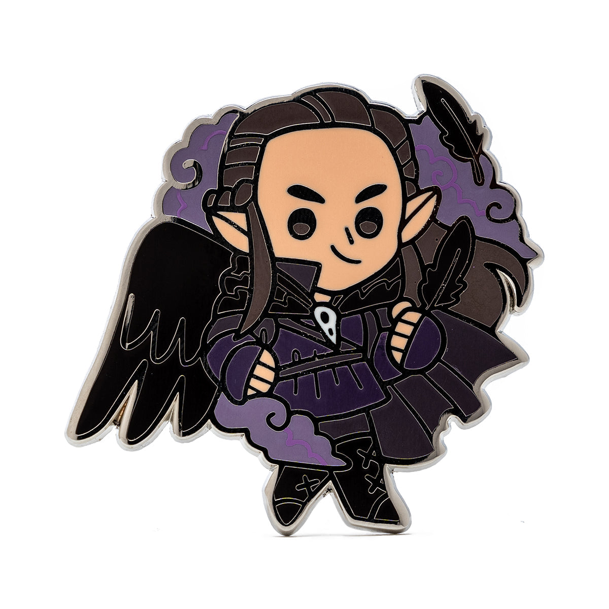 Enamel pin of a smiling, winged, dark elf-like character with pointed ears, dressed in purple and black, holding a feather