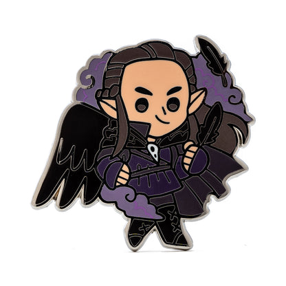 Enamel pin of a smiling, winged, dark elf-like character with pointed ears, dressed in purple and black, holding a feather
