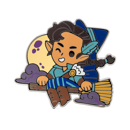 Winking elf with pointed ears flies on a broomstick, with a yellow moon and purple clouds. Enamel chibi pin