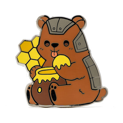 Chibi armored brown bear, resembling an Ewok, holding a honeycomb and a honey pot, licking honey