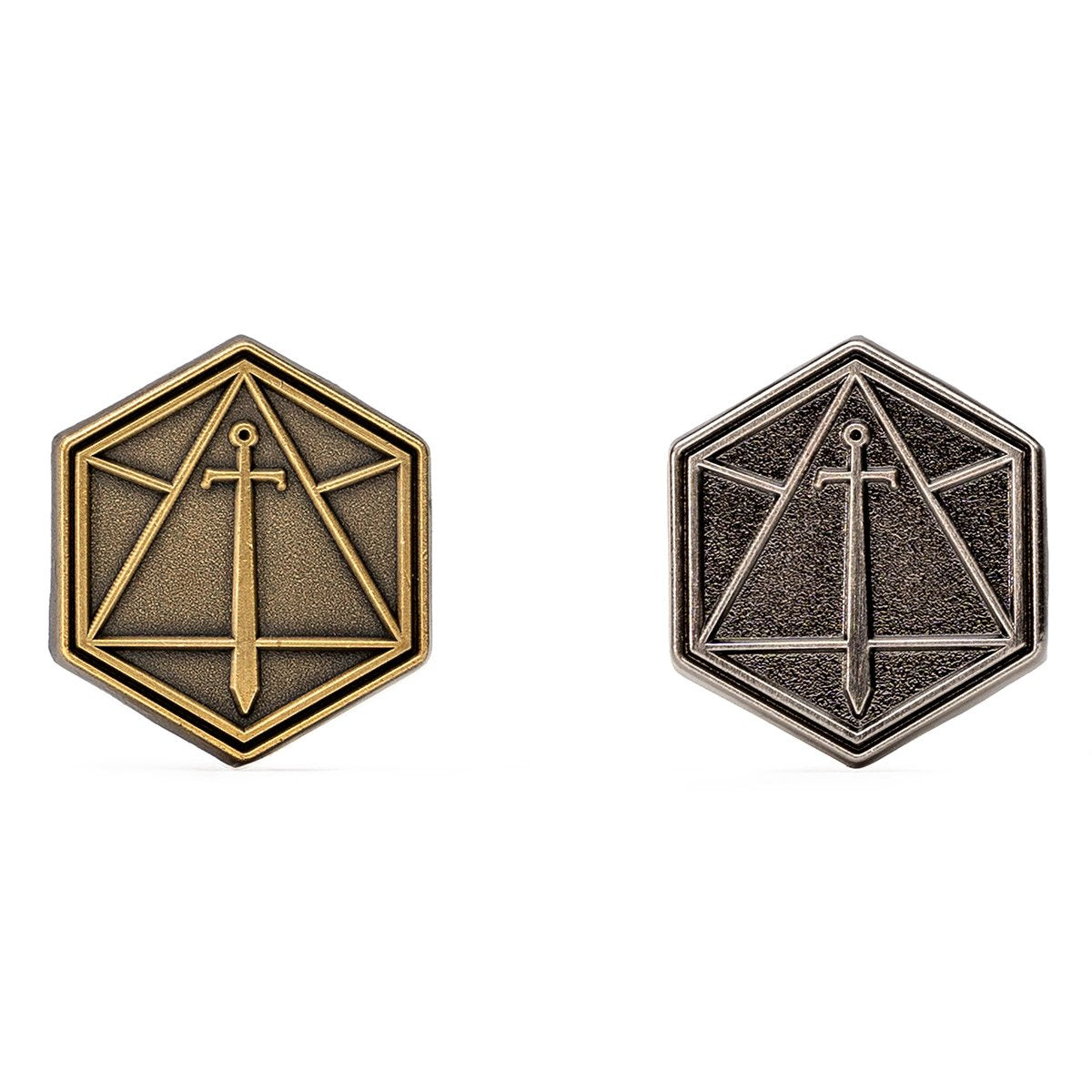 Gold and silver hexagonal Critical Role lapel pins, each with an upright sword, triangle, and polyhedral die design