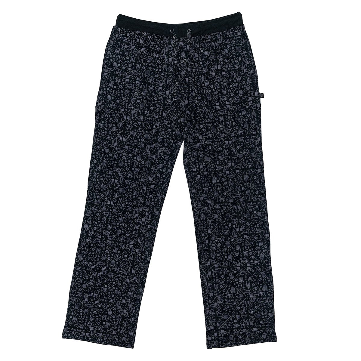 Black lounge pants with a repeating pattern of pop culture symbols and a drawstring waist