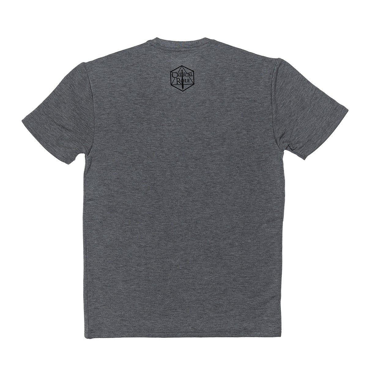 Back of a heather grey t-shirt with the black Critical Role logo on the upper back