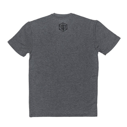 Back of a heather grey t-shirt with the black Critical Role logo on the upper back