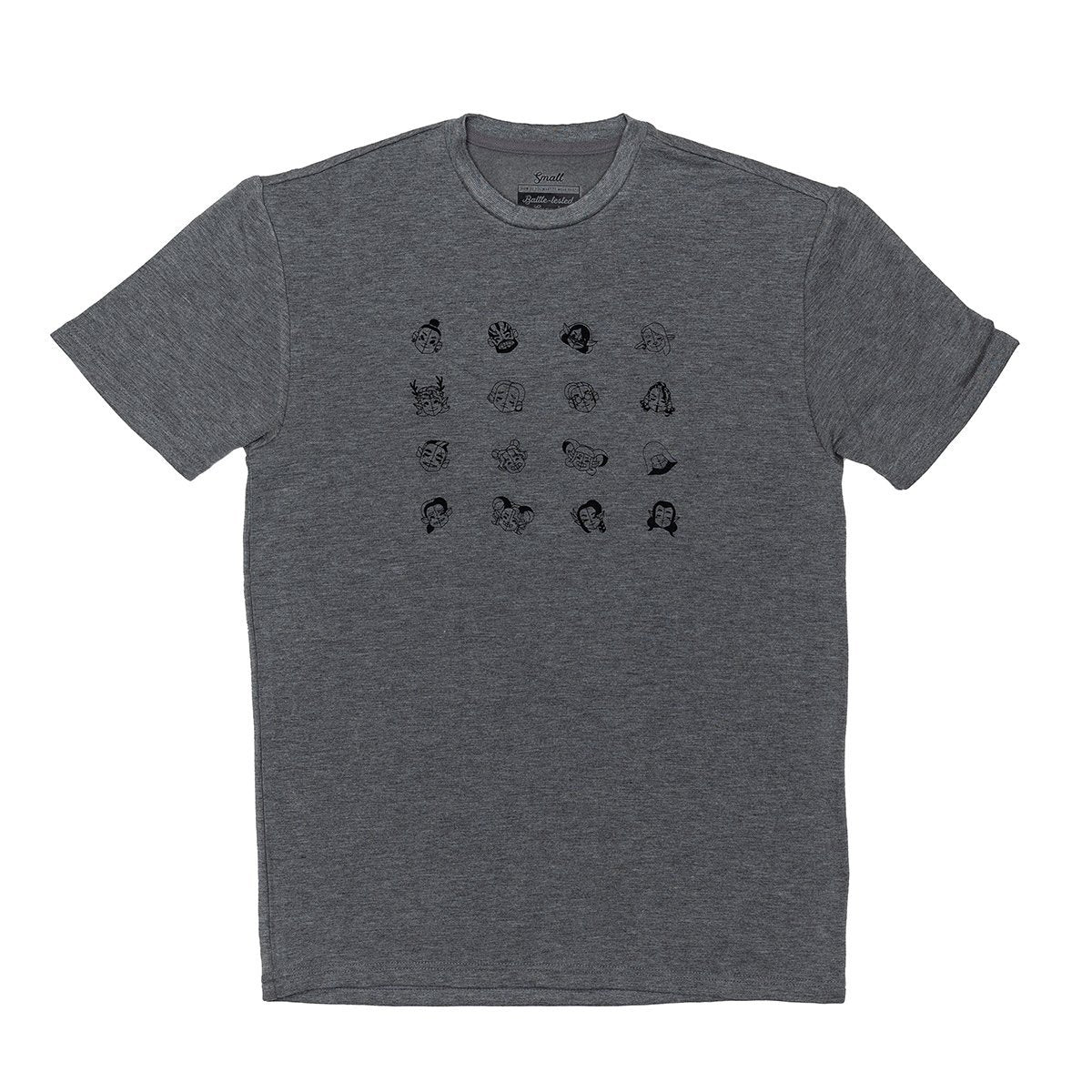 Dark grey t-shirt featuring a grid of 16 small black line-art character illustrations on the chest