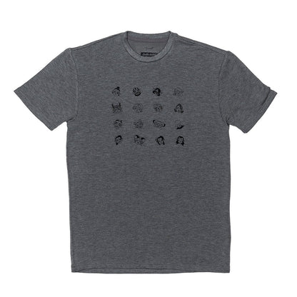 Dark grey t-shirt featuring a grid of 16 small black line-art character illustrations on the chest