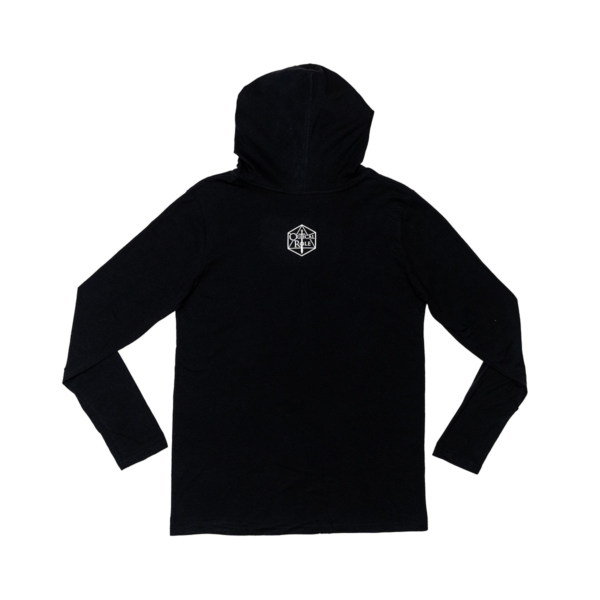 Rear view of a black hooded long-sleeve shirt with a white "Critical Role" logo on the back