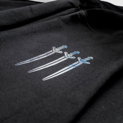 Three stylized silver and blue swords printed diagonally on black  Vax'ildan hooded cloak