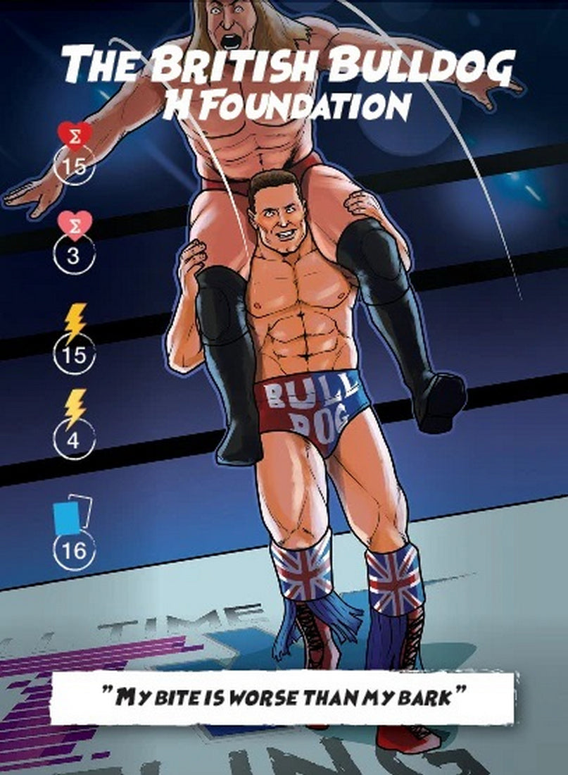 Cartoon illustration of wrestler The British Bulldog executing a shoulder carry on an opponent in the ring