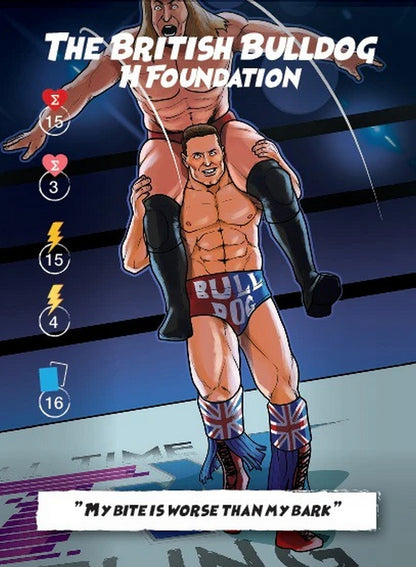 Cartoon illustration of wrestler The British Bulldog executing a shoulder carry on an opponent in the ring