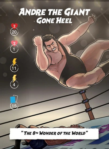 Stylized drawing of Andre the Giant mid-air, diving aggressively onto a wrestler lying on the mat in a ring