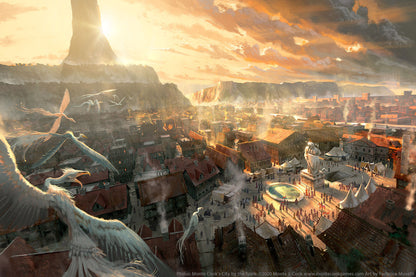 Giant white birds fly over a bustling fantasy city at sunset, with a busy market square and a towering spire
