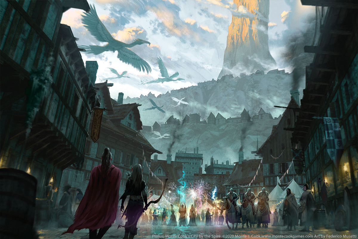 Cloaked figures watch a magical festival in a fantasy city with flying creatures and a towering spire