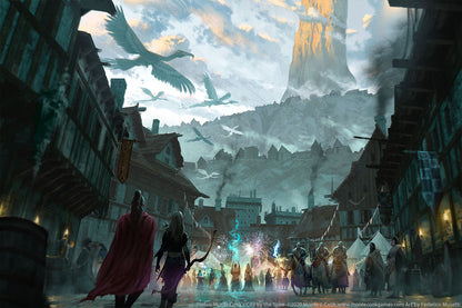 Cloaked figures watch a magical festival in a fantasy city with flying creatures and a towering spire