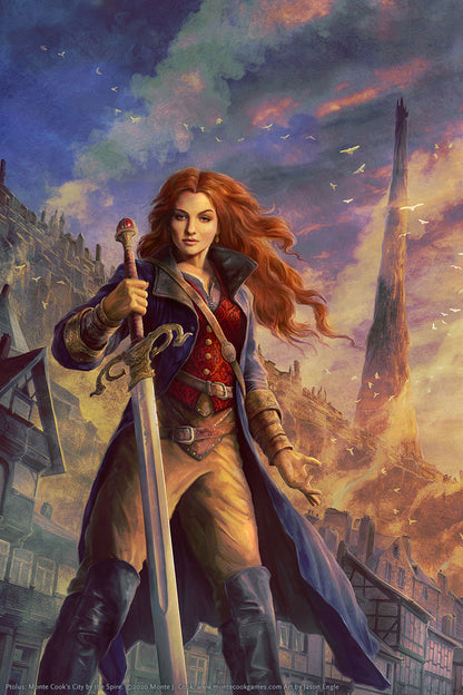 A confident red-haired woman in a long coat holds a large sword, standing before a colossal spire in a fantasy city
