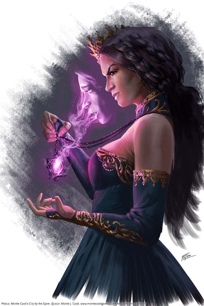 Stern woman in a crown and dark dress holds a glowing purple lantern, a spectral face emerging from it
