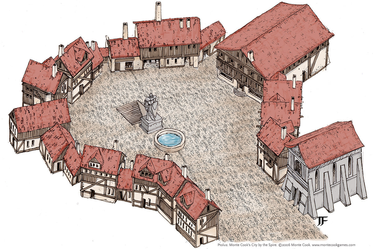 An isometric drawing of a cobblestone town square with a central statue and fountain, surrounded by red-roofed buildings