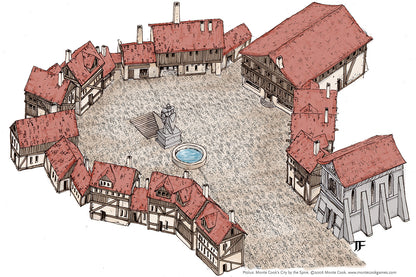 An isometric drawing of a cobblestone town square with a central statue and fountain, surrounded by red-roofed buildings