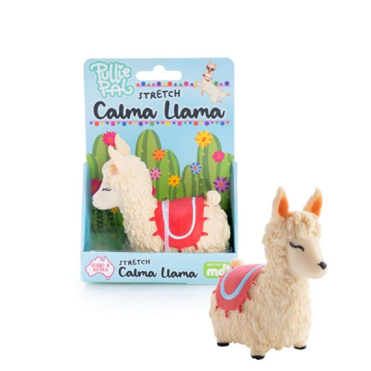 Beige textured Calma Llama stretch toy displayed in and out of its blue and green product packaging