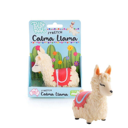 Beige textured Calma Llama stretch toy displayed in and out of its blue and green product packaging