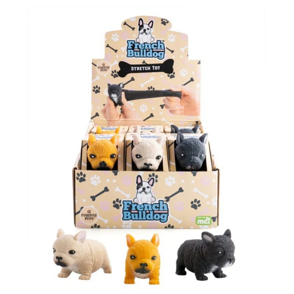 French Bulldog stretch toys display box. Features fawn, tan, black figures; hands stretch one toy