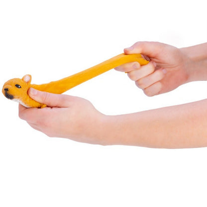 Hands stretching a brown squirrel stress toy into a long orange shape