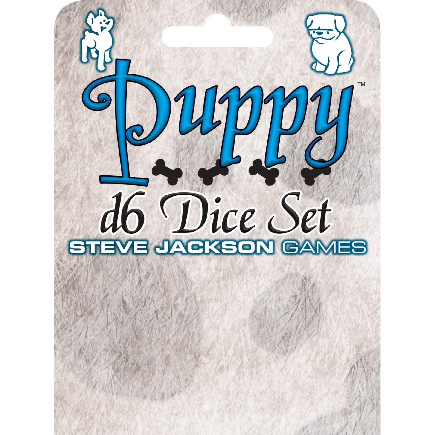 Packaging for a Puppy d6 Dice Set with blue text, bone icons, and a white fur background featuring subtle paw prints