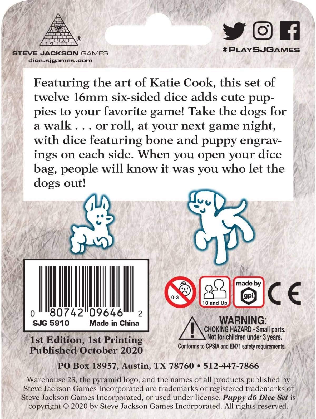 A Puppy D6 Dice Set package is shown with multiple orange, grey, blue, and red dice featuring bone and puppy designs