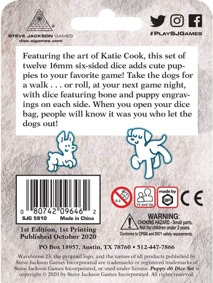 A Puppy D6 Dice Set package is shown with multiple orange, grey, blue, and red dice featuring bone and puppy designs