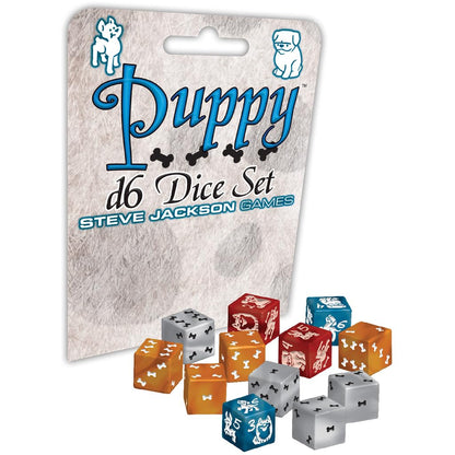 The back of the Puppy D6 Dice Set package displays text about twelve puppy-themed dice, two stylized white puppy illustrations, and a barcode