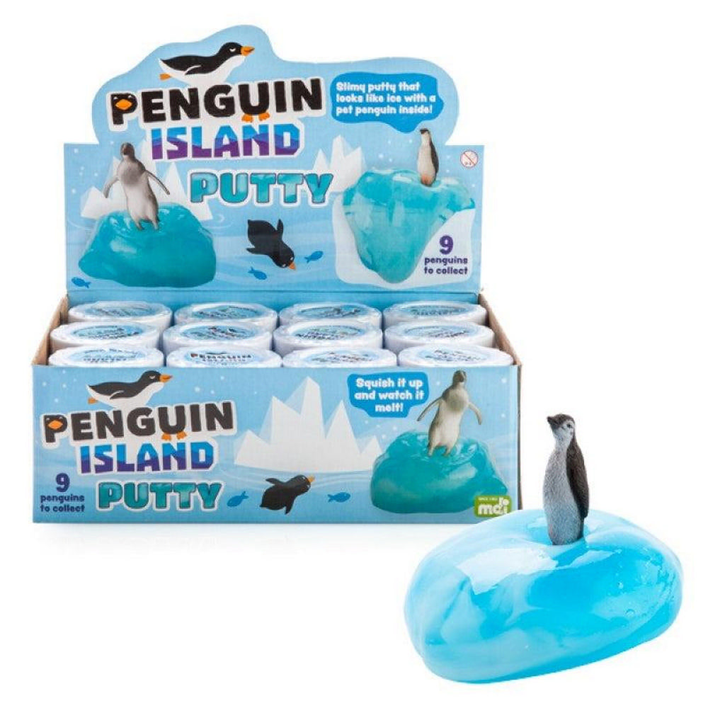 Penguin Island Putty display box full of blue "ice" putty containers with tiny penguins, and one unpackaged putty with a penguin