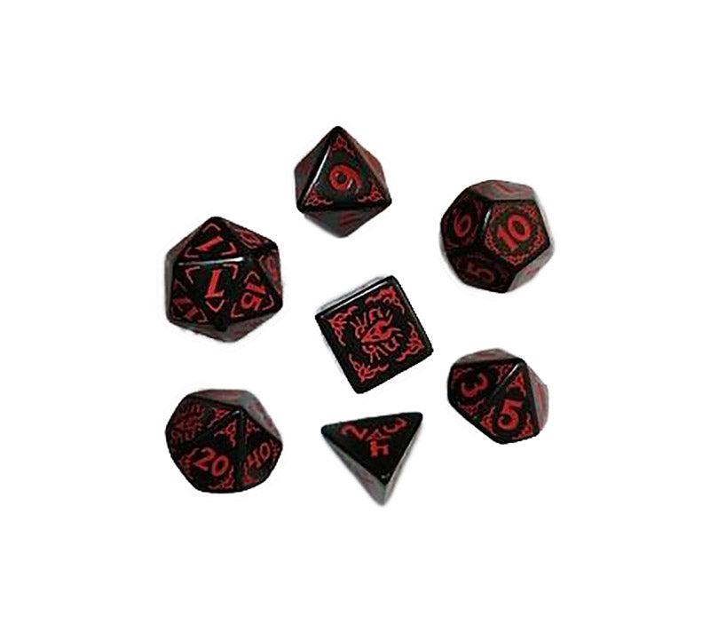 Seven-piece Dragons of the Red Moon polyhedral dice set in black with bold red numbering and intricate dragon engravings