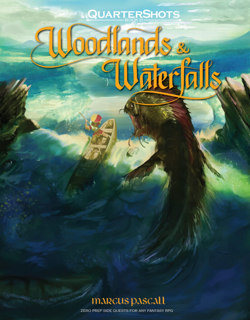 Fantasy art a person in a small boat battles a monstrous fish lunging from turbulent rapids