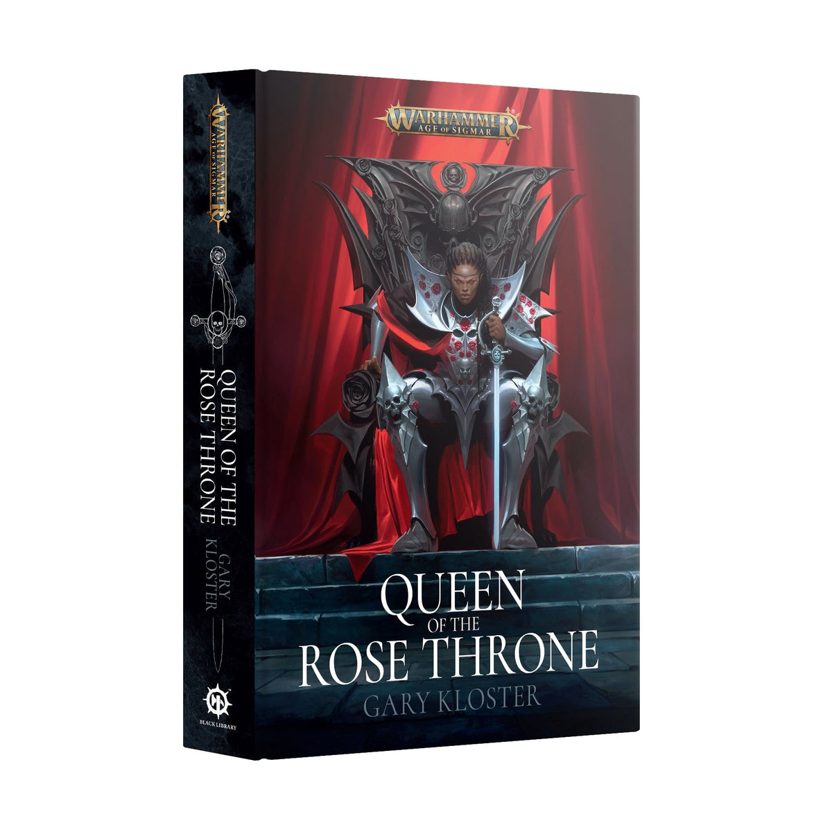 Warhammer book cover: Armored Black queen, sword in hand, sits on an ornate dark throne against red drapes. 'Queen of the Rose Throne'