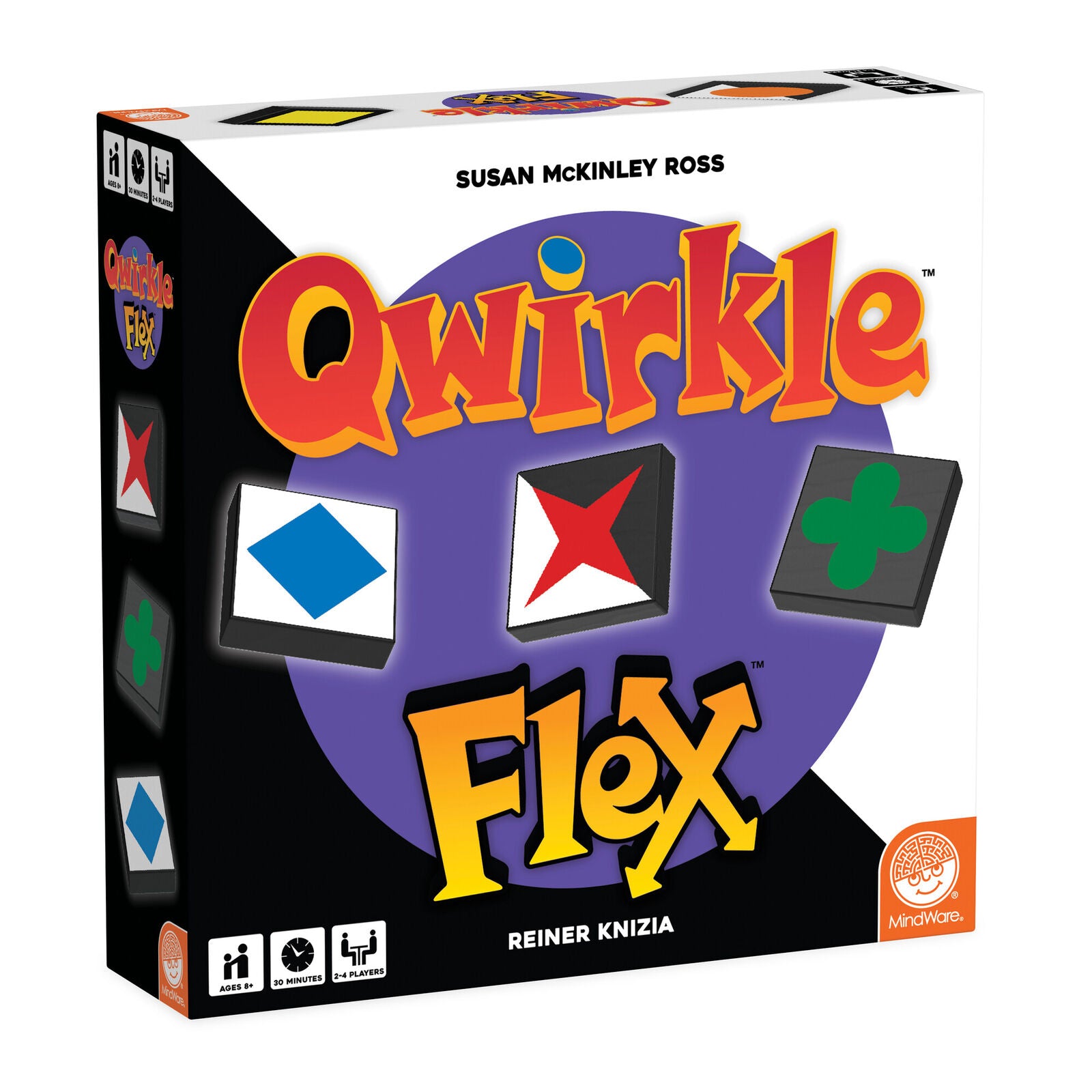 Qwirkle Flex board game box. Large red title on purple, with example game tiles: blue diamond, red X, and green plus