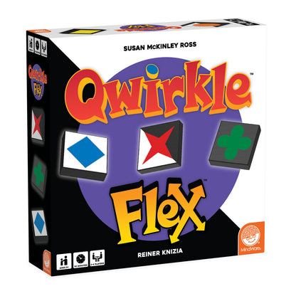 Qwirkle Flex board game box. Large red title on purple, with example game tiles: blue diamond, red X, and green plus