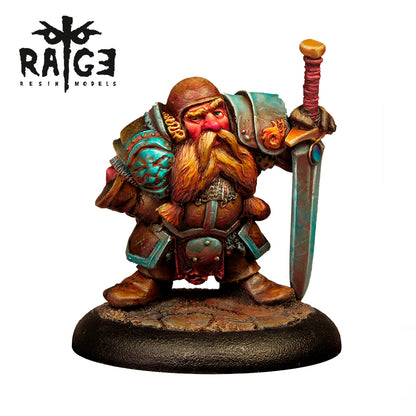A painted miniature of a stout dwarf warrior with a long orange beard, wearing brown and turquoise armor, holding a sword, standing on a textured base