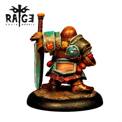 A heavily armored miniature figure of Thorvin The Great is viewed from the back, carrying a large sword and standing on a textured round base