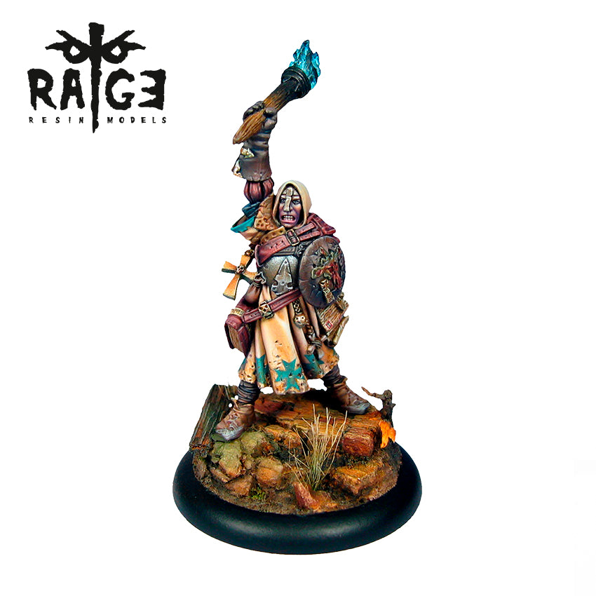 Painted fantasy miniature: hooded, armored warrior with shield, raising a glowing blue torch on a rocky base