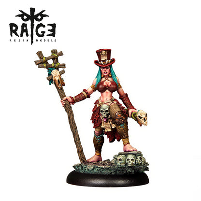 Bruma Bone's Whisper Figure shows a female miniature with teal hair, red top hat, holding a staff with a skull and another skull, standing on a skull-adorned base