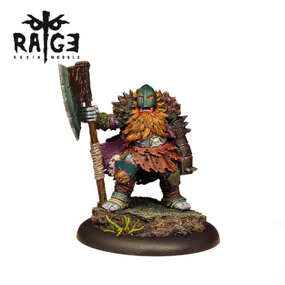 Resin miniature: A green-skinned, bearded brute in spiked armor holds a large axe, standing on a textured base