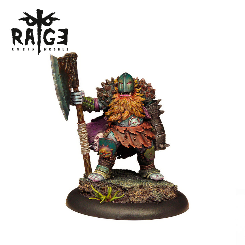 Resin miniature: A green-skinned, bearded brute in spiked armor holds a large axe, standing on a textured base