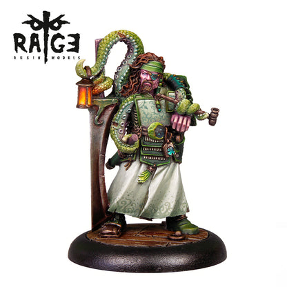 Painted miniature: bearded man with eyepatch, an octopus arm holding a pipe, and a tentacle holding a lantern