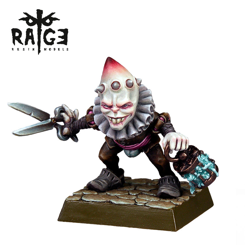 A painted Fantasia Latorre Resins Oqtarimus Faries Mutilator Figure of a grinning creature with a pointy hat, holding scissors and a glowing lantern