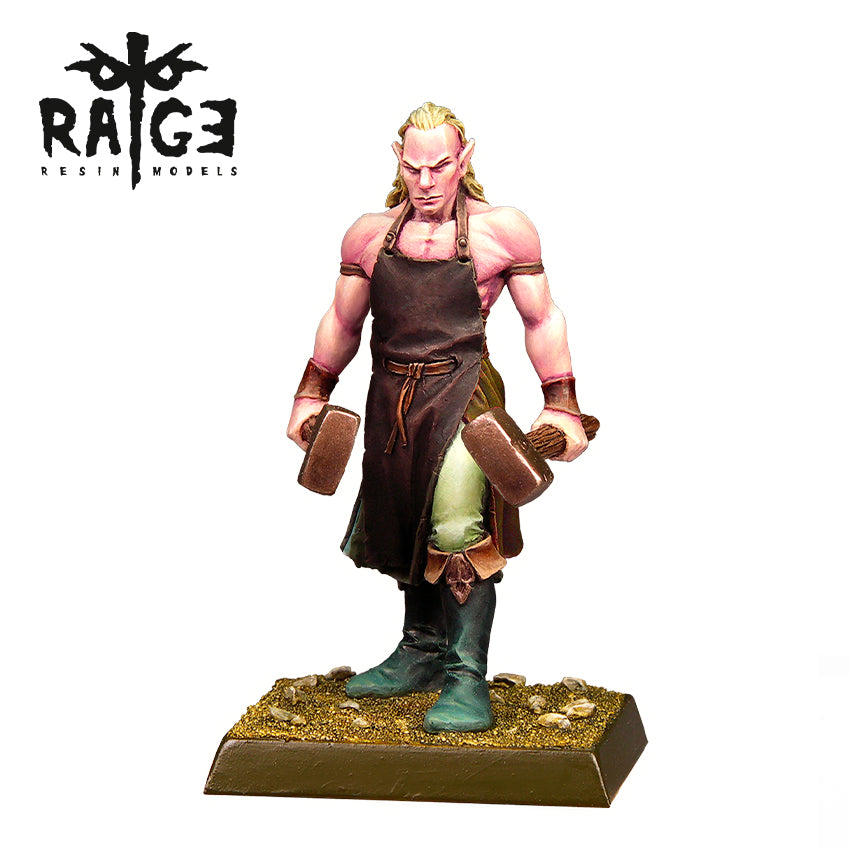 A painted miniature blacksmith figure a muscular elf in an apron holding two hammers standing on a rocky base