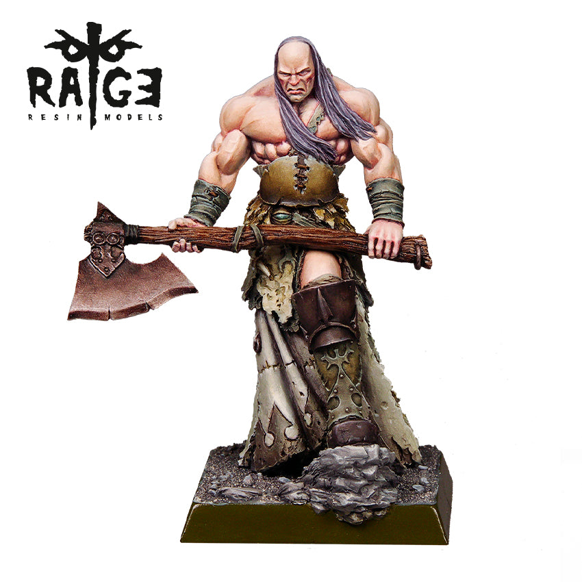 Rage Resin Models: Muscular, bald warrior miniature with long hair, fierce expression, holding a large axe