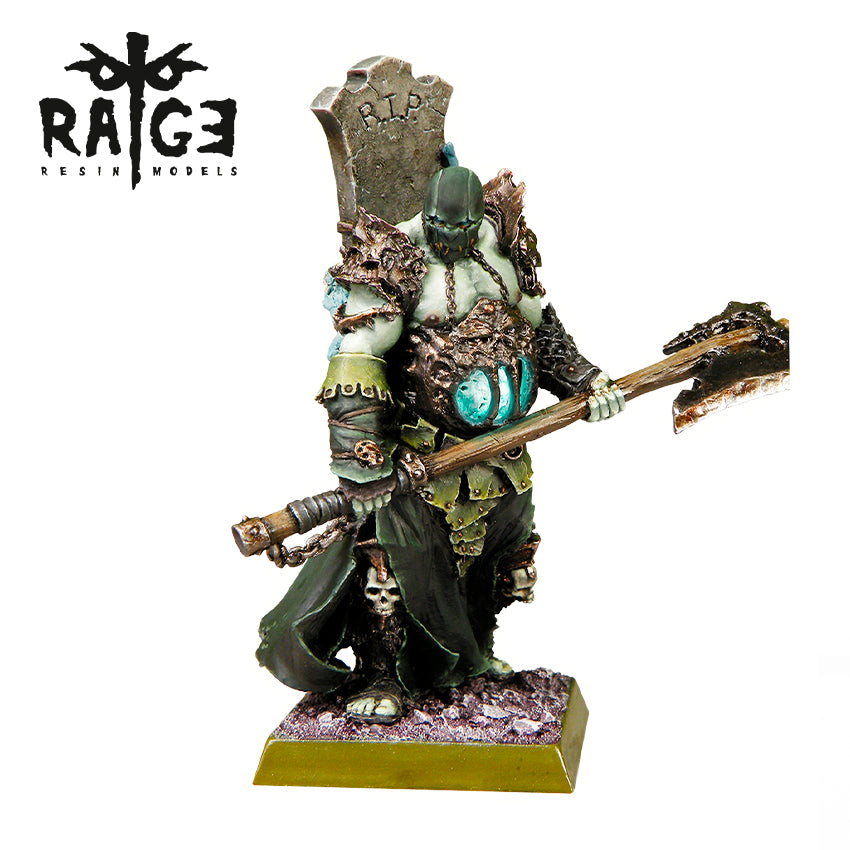 Undead warrior model with a tombstone on its back, a glowing chest cavity, and a massive axe