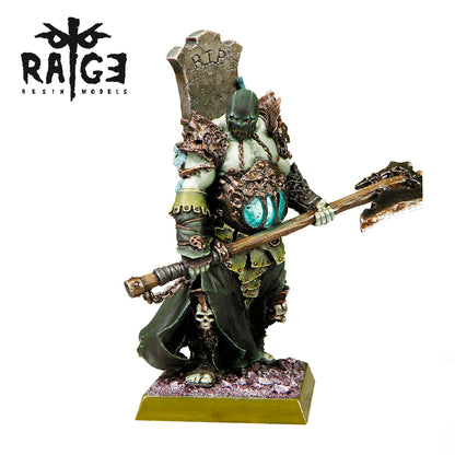Undead warrior model with a tombstone on its back, a glowing chest cavity, and a massive axe