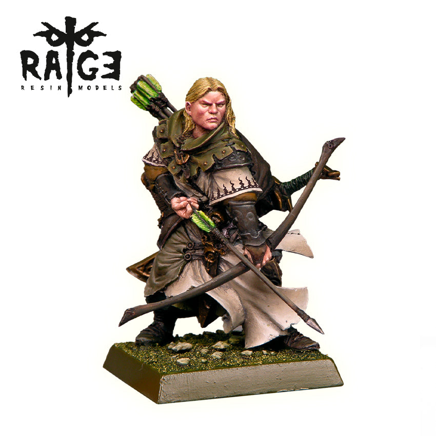 Hand-painted resin miniature of a blonde male archer in a green cloak, drawing an arrow with a bow